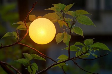 Aufkleber - A soft glowing sphere nestled in lush foliage, casting a gentle light that symbolizes peace and harmony within the natural world, creating a serene atmosphere.