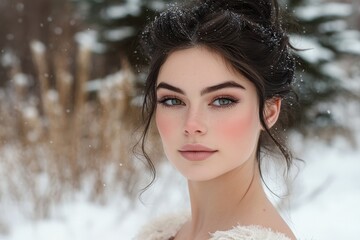 Fototapete - A mesmerizing portrait of a young woman in a snowy landscape, her enchanting gaze and soft features embodying tranquility and the beauty of winter.