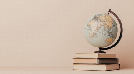 Poster - Classic globe on a stack of travel guidebooks representing exploration and adventure through different cultures globally. Generative AI