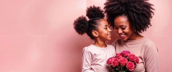 african american mother's day. happy mother and daughter on a pink banner with space for copy