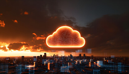 Wall Mural - A cloud in the center of an urban landscape, surrounded by interconnected data points and network connections, symbolizing smart city technology with a digital rendering effect 