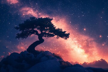 Aufkleber - A striking silhouette of a twisted tree set against a vibrant galaxy backdrop filled with stars, creating a sense of awe and wonder in a timeless atmosphere.