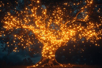 Poster - A stunning image of a grand tree twinkling with sparkling lights in a serene setting, invoking feelings of joy, wonder, and warmth under a twinkling night sky.