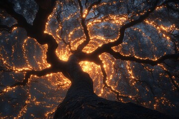 Poster - A mesmerizing view looking up into a spiraling tree adorned with glowing lights, evoking a sense of wonder, magic, and connection to the cosmos and the nature's beauty.