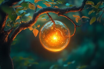 Poster - A glowing orb suspended from a branch, casting a warm light amidst lush foliage, creating a captivating and enchanting atmosphere in nature's embrace.