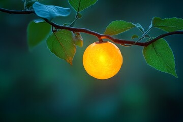 Poster - A luminous sphere perched delicately on a branch, surrounded by glowing leaves, emphasizing a sense of wonder and tranquility against a softly blurred backdrop.