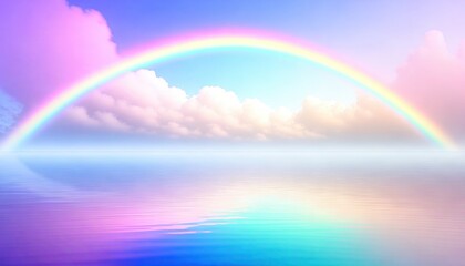 Poster - A vibrant rainbow arches over a serene ocean, reflected in the calm waters below. Pastel clouds drift peacefully in the sky, creating a dreamy, ethereal atmosphere.