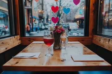 Wall Mural - A cozy cafe table setting featuring drinks and flowers, inviting guests to relax and enjoy the ambiance, showcasing elements of warmth and social connection.