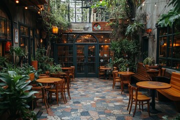 Poster - A beautifully designed indoor space filled with lush greenery and warm lighting, creating an inviting atmosphere perfect for relaxation and social gathering.