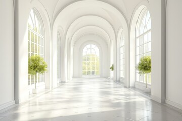 Wall Mural - Bright and airy corridor with arches and large windows in a minimalist design 