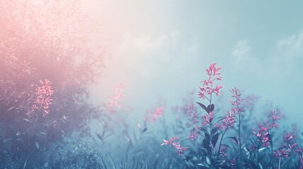 Poster - Field of pink flowers with a blue sky in the background. The flowers are scattered throughout the field, with some closer to the foreground and others further back