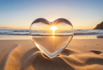 Wall Mural - A clear glass heart on a sandy beach with the sunrise in the background