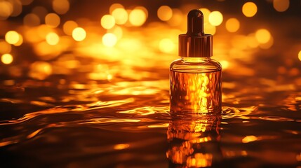 Wall Mural - Elegant amber liquid in a dropper bottle, reflecting shimmering golden bokeh lights.