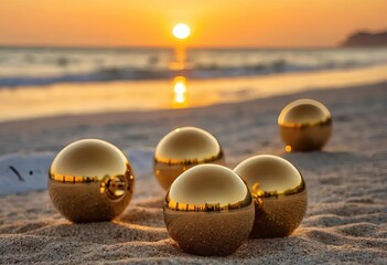 Wall Mural - A close-up of golden balls on a sandy beach with the ocean in the background during sunset.
