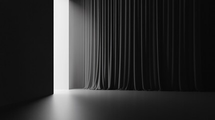 Wall Mural - Dark room with a curtain hanging in front of a window. The curtain is drawn, and the room is empty