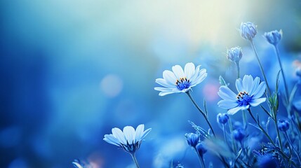 Poster - Blue flower field with a blue sky background. The flowers are white and the sky is clear