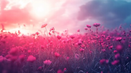 Poster - Field of pink flowers with a bright blue sky in the background. The flowers are in full bloom and the sky is clear