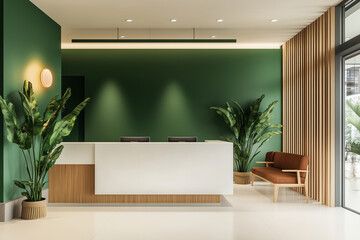 Wall Mural - Green walls paired with white counters and wooden accents in a minimalist reception area, providing a refreshing, modern design