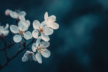 white cherry tree flowers blooming in spring with dark blue background