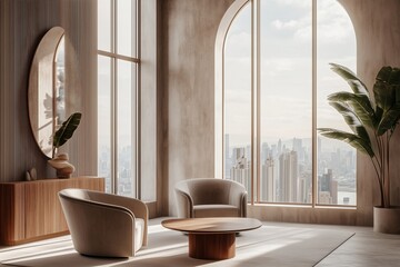 Poster - Modern concrete coworking office interior with furniture, window with city view, daylight and empty mockup place on wall. Corporate concept. Mock up, 3D Rendering