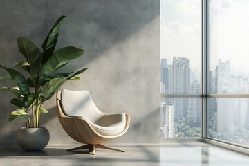 Poster - Modern concrete coworking office interior with furniture, window with city view, daylight and empty mockup place on wall. Corporate concept. Mock up, 3D Rendering. 