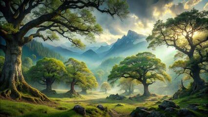 Wall Mural - Ancient forest with misty mountains and old oak trees, forest scenery