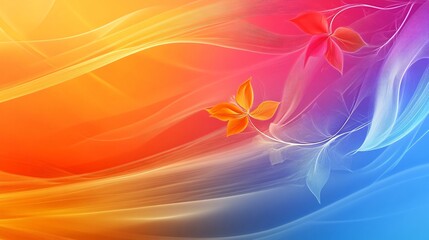 Wall Mural - Colorful background with two leaves on it. The leaves are orange and green. The background is a mix of blue and orange