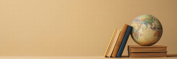Poster - Exploring the world through a classic globe and stacked travel guidebooks ready for adventure. Generative AI