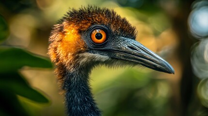 Bird with a black and orange beak and a red eye. The bird is looking at the camera