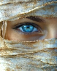 Wall Mural - Close-up of a woman's blue eye partially covered by textured fabric  Suitable for beauty fashion and artistic projects