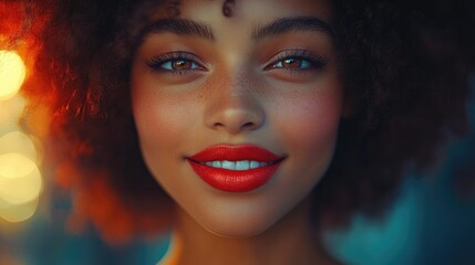 Wall Mural - Close-up portrait of a young woman with an afro red lipstick and a warm smile Ideal for beauty fashion and cosmetics marketing