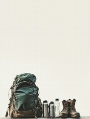 Poster - Essential backpacker gear for outdoor adventures with space for your creative text. Generative AI