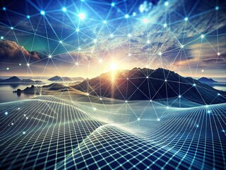 Poster - Abstract White Grid Wireframe Landscape: 3D Rendered Double Exposure