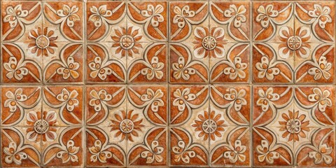 Wall Mural - Distressed terracotta tiles in a intricate geometric pattern with floral accents , pattern, ornate,  pattern