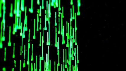 Poster - Neon green digital rain effect on black background. Abstract vertical light lines animation. Futuristic matrix style visual effect for technology, sci-fi, and cyberpunk concepts 