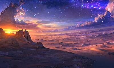 Wall Mural - A stunning cosmic landscape featuring a vibrant sky filled with stars and colorful clouds at dusk.