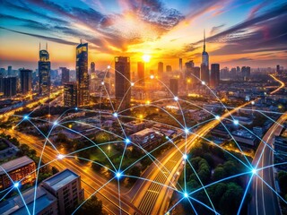 Poster - Aerial Cityscape: Futuristic Digital Network Infrastructure