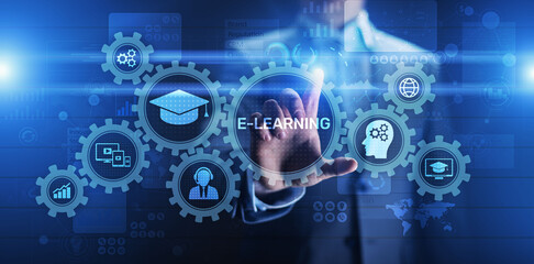 E-learning, Online education, internet studying. Business, technology and personal development concept on virtual screen.