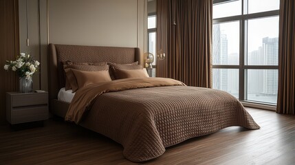 Wall Mural - Elegant modern bedroom with earthy tones and city view