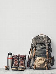 Poster - Gear setup for outdoor adventures featuring hiking backpack, water bottle, and sturdy boots against a blank background. Generative AI
