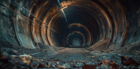 Poster - An interior view of an unfinished, excavated tunnel. The walls are rough and uneven, showcasing raw stone and dirt textures. Dim, The ground is scattered with loose soil and rocks.