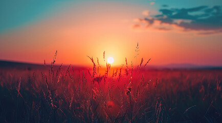 Poster - A beautiful sunset over a field with subtle dark blue color palette.