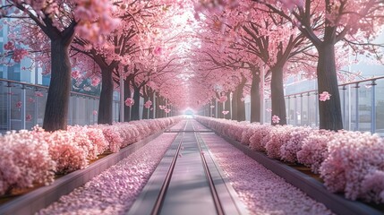 Aufkleber - Modern subway in the middle, two rows of cherry blossom trees on the road, spring of falling cherry blossoms.