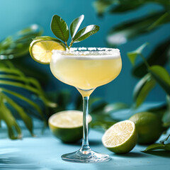 Poster - A frozen margarita in a simple light blue background with some accent big tropical leaves.
