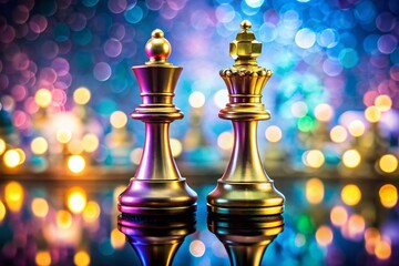 Wall Mural - Chess King Queen Competition, Strategic Brainstorm, White Background, Bokeh Effect Stock Photo