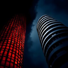 Wall Mural - Two modern skyscrapers illuminated against a dark, stormy sky.