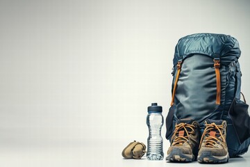 Poster - Explore nature with essential hiking gear including a durable backpack, water bottle, and sturdy boots for your adventures. Generative AI
