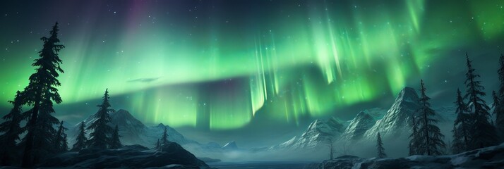 majestic aurora dances over tranquil winter landscape at midnight. generative ai