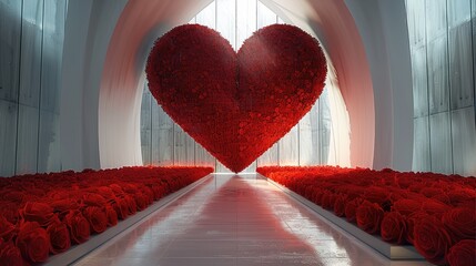 Poster - A modern indoor white building, Inside the building is a marriage proposal scene. The entire scene is mainly dark red, elegant atmosphere. In the center of the white building is a large dark red love.