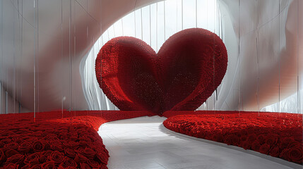 Poster - A modern indoor white building, Inside the building is a marriage proposal scene. The entire scene is mainly dark red, elegant atmosphere. In the center of the white building is a large dark red love.